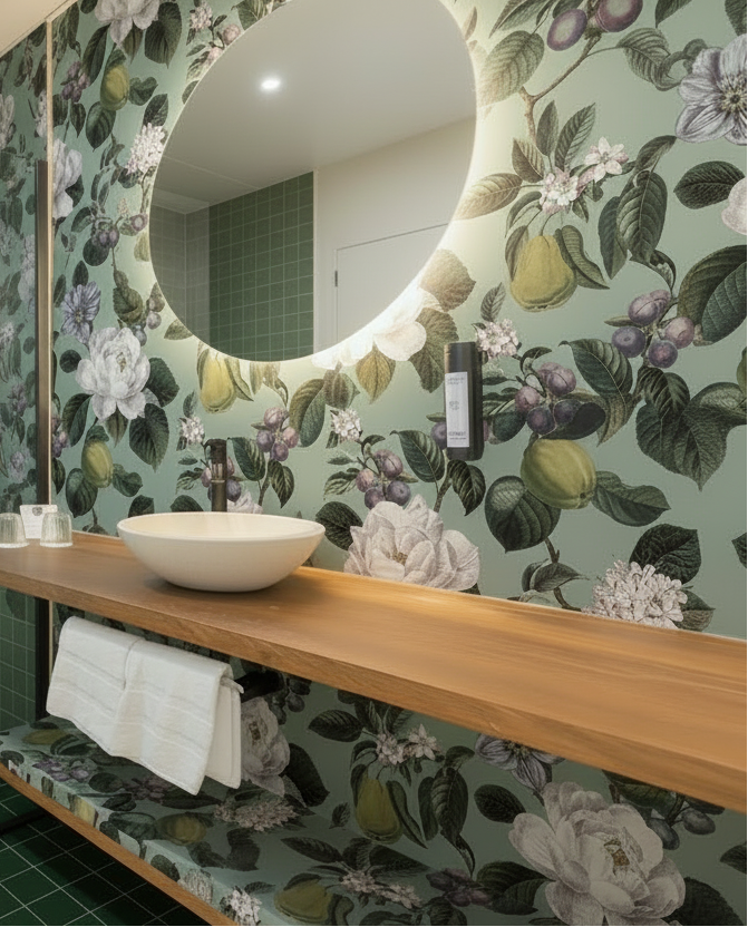 Bathroom with Pendula Aqua wallpaper on mirror wall, sage green tiled walk-in shower and dark green floor