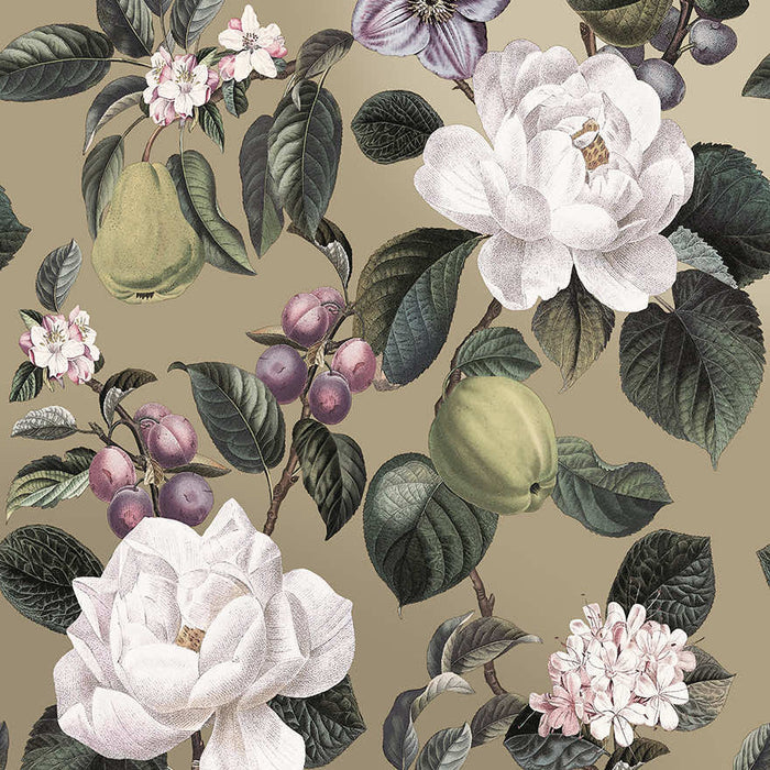 Pendula gilver gold wallpaper with pears, quince, damsons, camellias and blossom