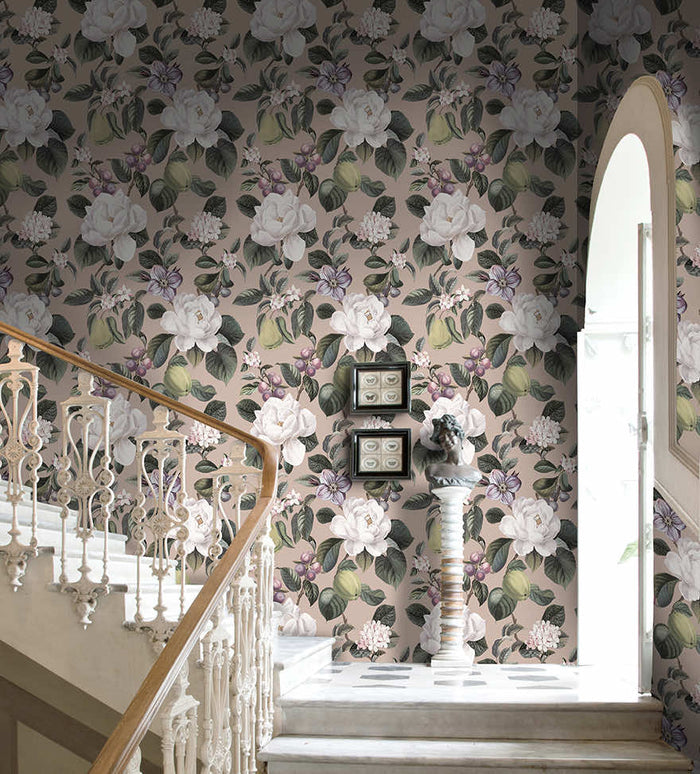 Plaster pink Pendula orchard wallpaper on a bedroom wall