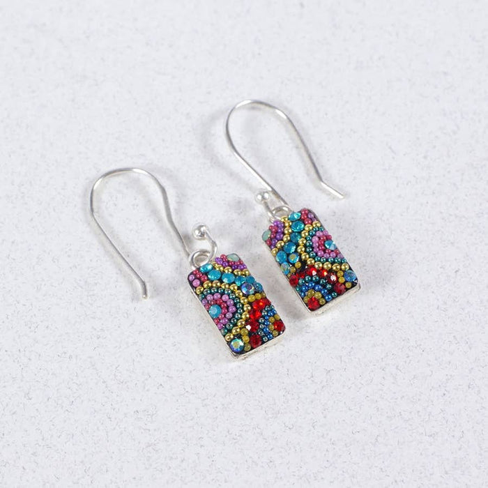Petite Crystal Spark Earrings by Mosaico Jewels showcasing a colorful design with pink, red, and blue crystals, perfect for adding shimmer to any outfit.