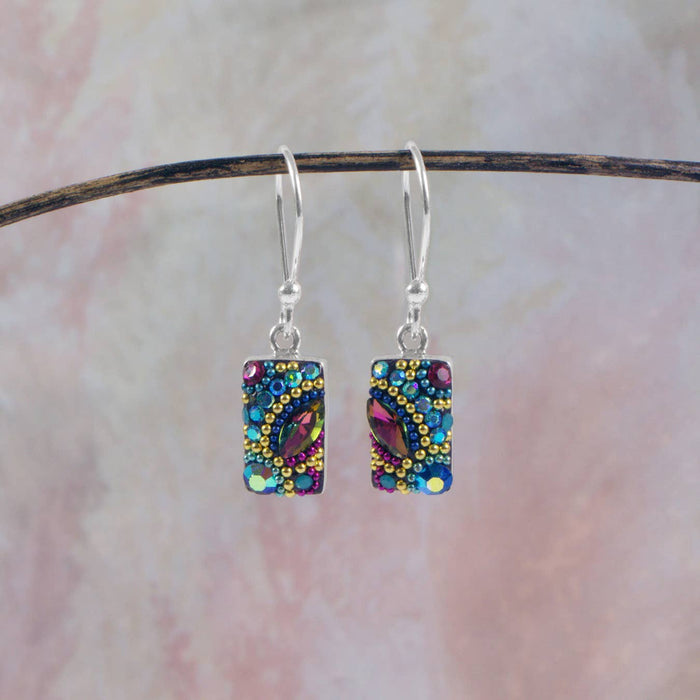 Mosaico Jewels' Petite Crystal Spark Earrings adorned with multicolored crystals, exuding playful elegance in a lightweight silver setting.