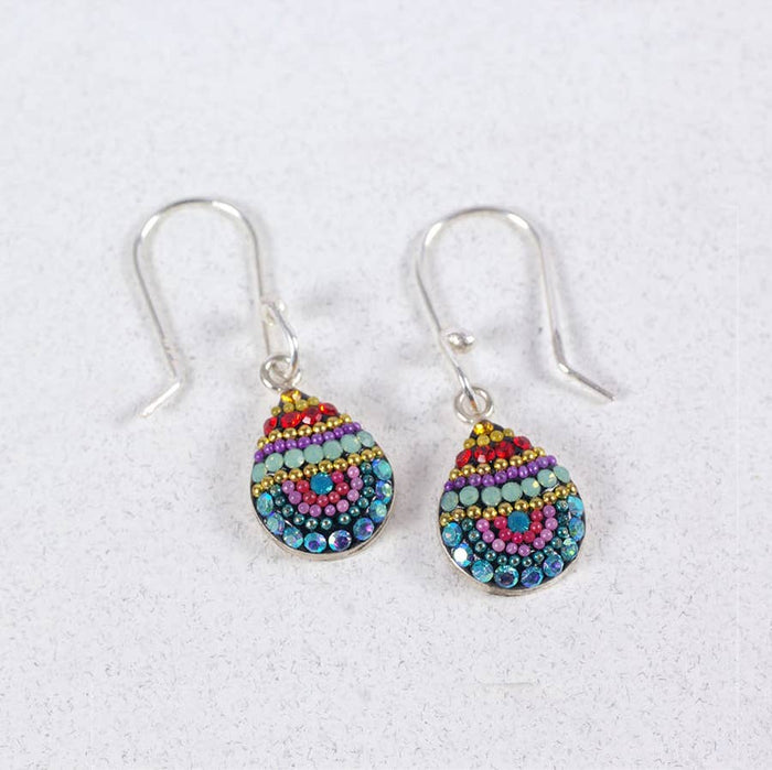 Colorful Petite Dew Drop Earrings by Mosaico Jewels featuring intricate beadwork in vibrant hues of purple, blue, and green.