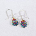 Colorful Petite Dew Drop Earrings by Mosaico Jewels featuring intricate beadwork in vibrant hues of purple, blue, and green.