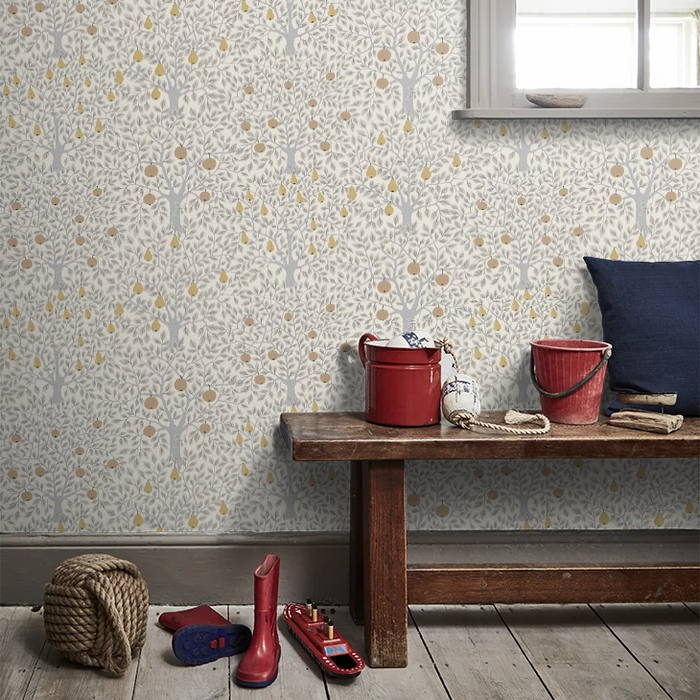 Pomona Pear Wallpaper - White/Grey/Gold