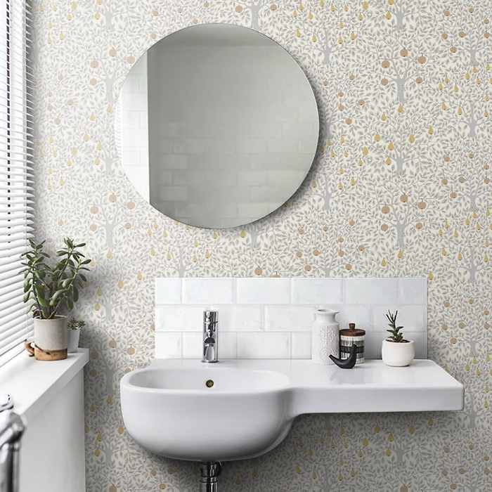 Pomona Pear Wallpaper - White/Grey/Gold