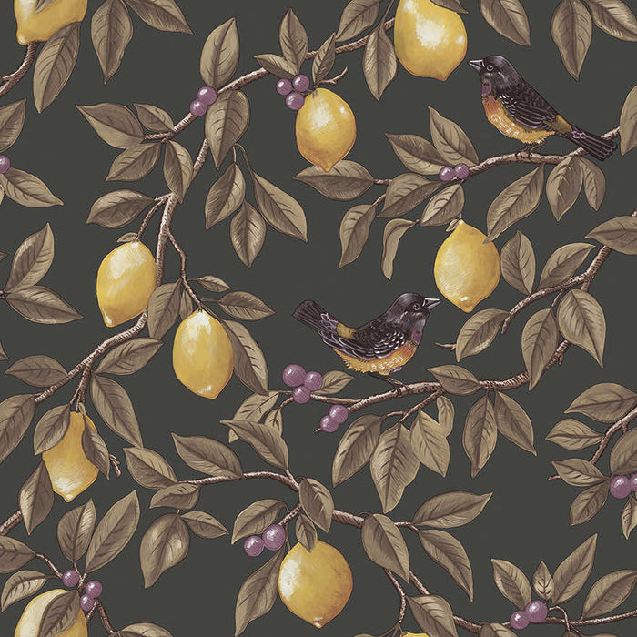 Ponderosa charcoal wallpaper with golden lemons, red berries and perched birds