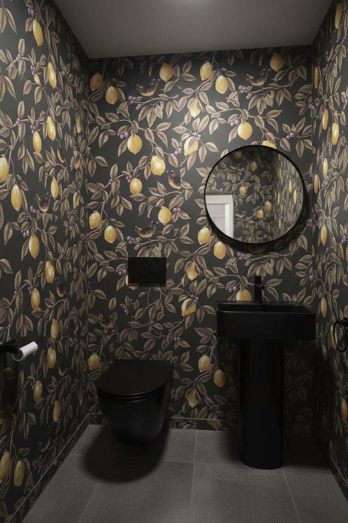 Ponderosa Charcoal Wallpaper Toilet Room with Black Fixtures