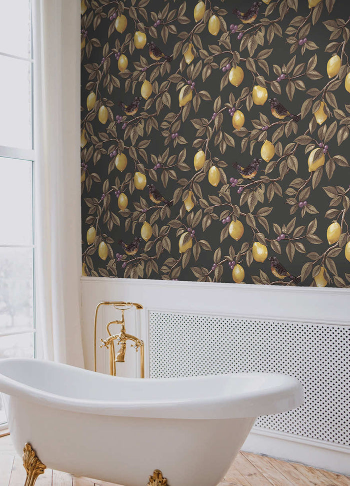 Charcoal Ponderosa lemon and bird wallpaper on a dining room wall