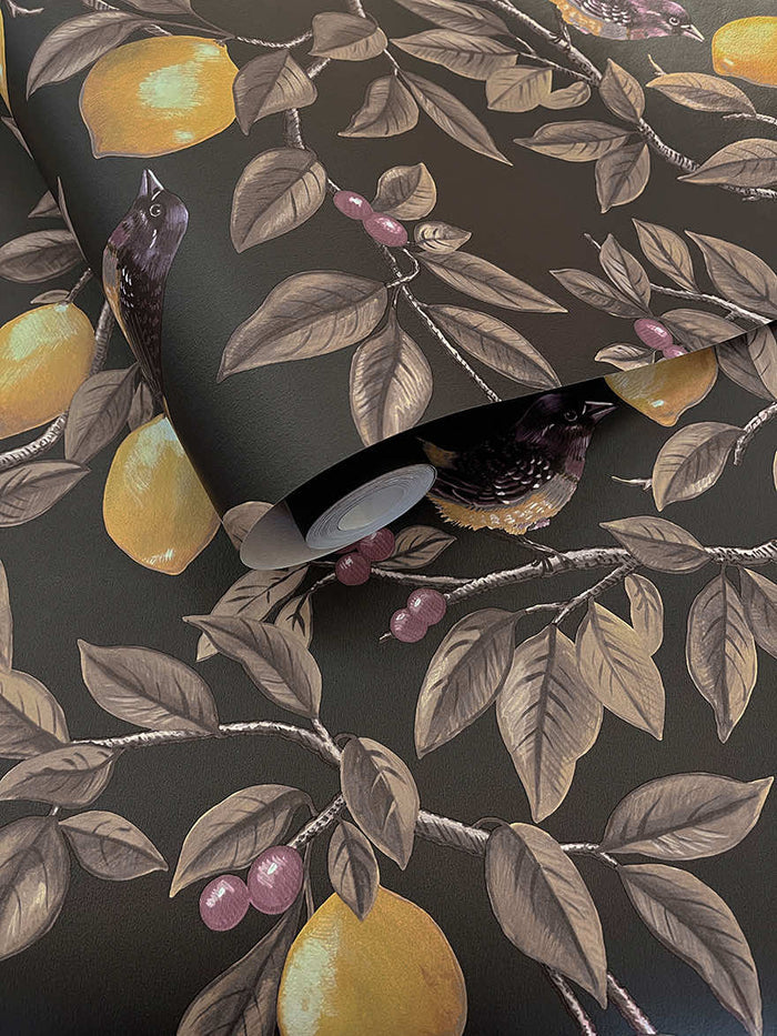 Roll of Ponderosa lemon wallpaper in charcoal
