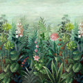 Primavera mural — lush green ferns, palms and foliage with soft pink blooms