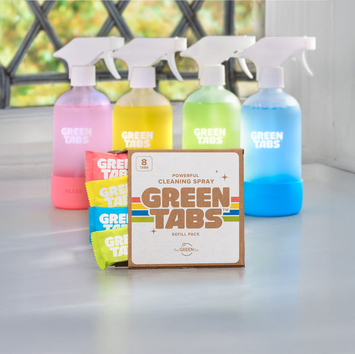 Cleaning spray refill tablets with four colour-coded reusable bottles – GreenTabs household cleaner refills