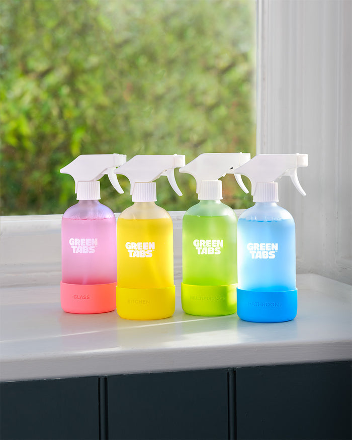 Four refillable household cleaning sprays with concentrated GreenTabs cleaner tablets