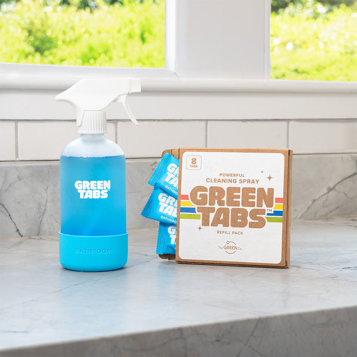 Bathroom cleaner refill tablets with blue reusable spray bottle – GreenTabs concentrated bathroom cleaner
