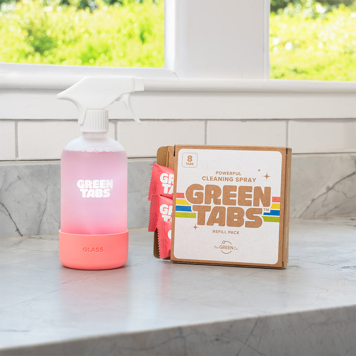 Glass cleaner refill tablets with pink reusable spray bottle – GreenTabs window and mirror cleaner