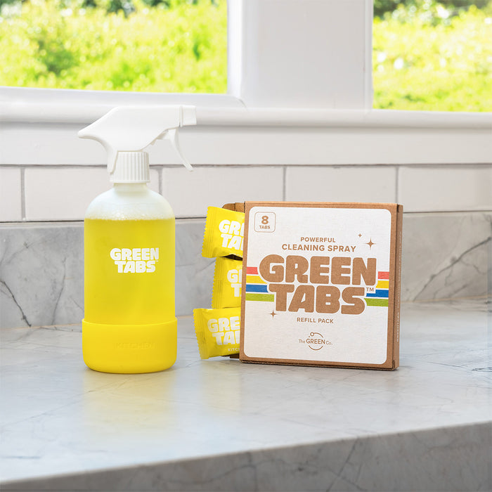 Kitchen degreaser refill tablets with yellow reusable spray bottle – GreenTabs concentrated kitchen cleaner