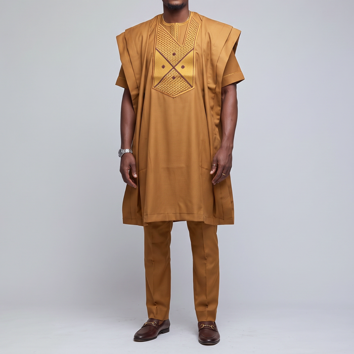 Regal Brown 3-Piece Embroidered Agbada Suit