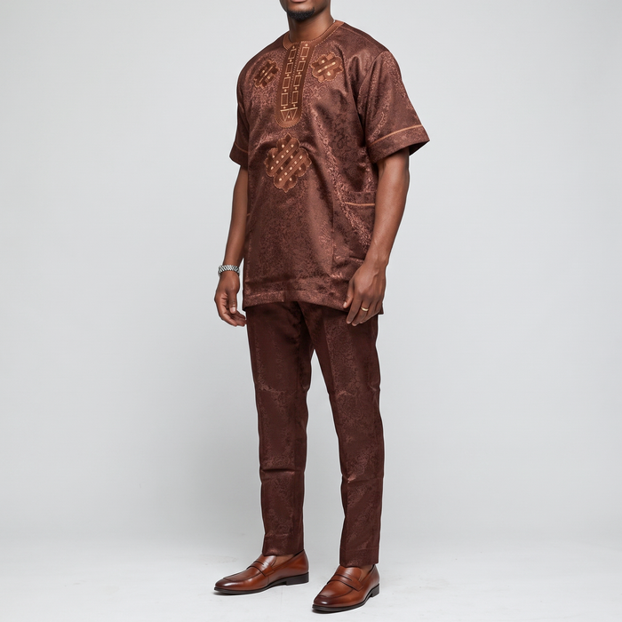 Regal Chocolate Brown Damask Embroidered Senator Suit