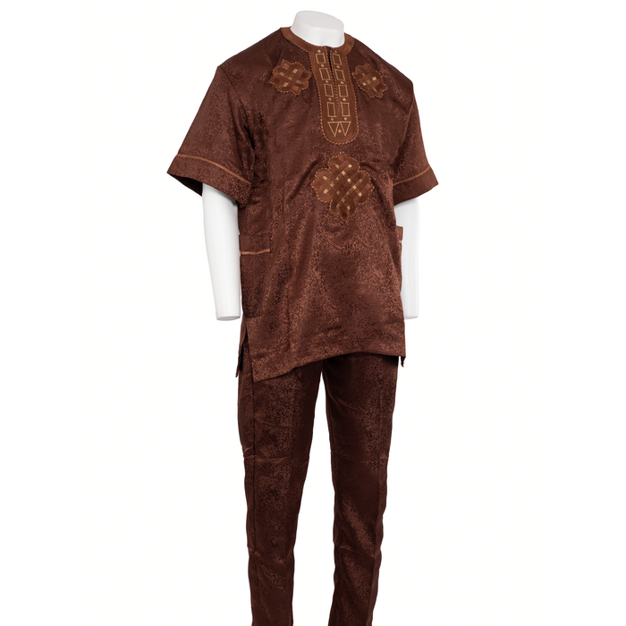 Regal Chocolate Brown Damask Embroidered Senator Suit