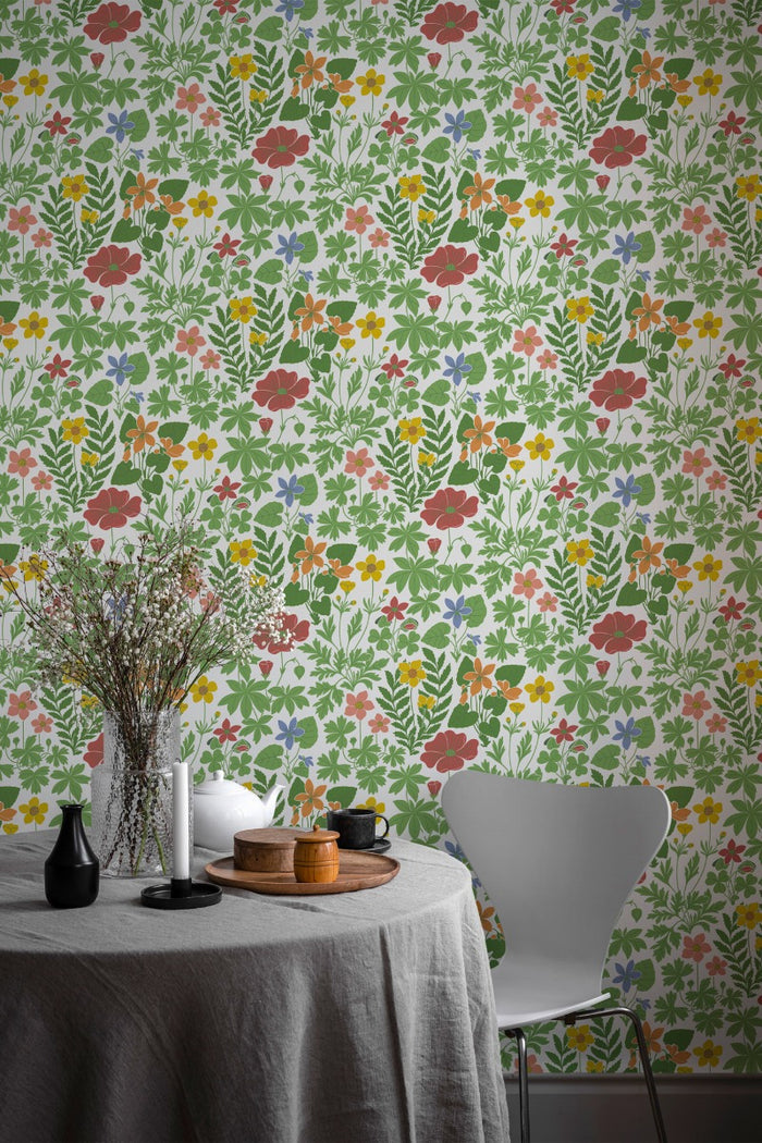 Retro Flowers - Custom Sized Wallpaper Mural (per m2) - White Multi