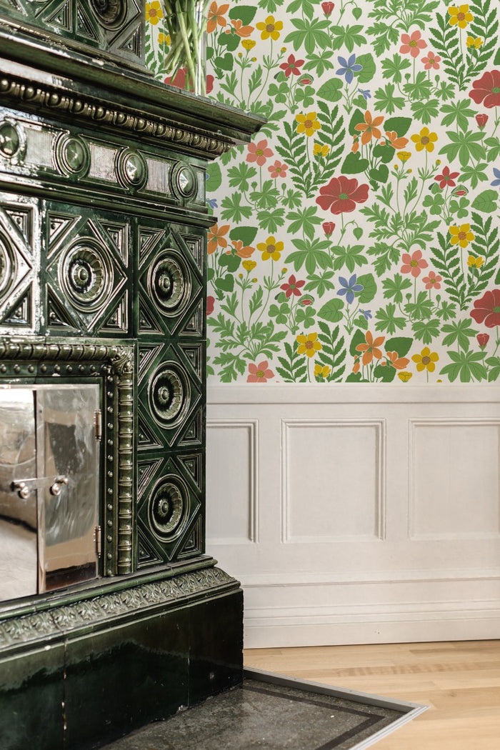 Retro Flowers - Custom Sized Wallpaper Mural (per m2) - White Multi