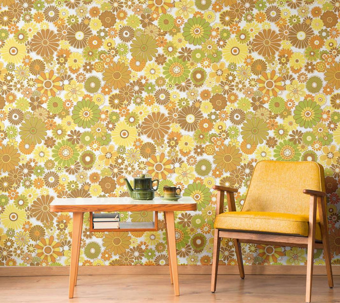 Retro Flowers Vinyl Wallpaper - Yellow