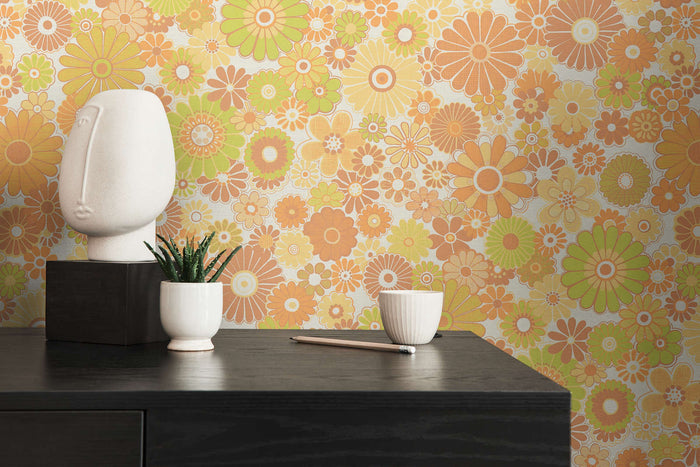Retro Flowers Vinyl Wallpaper - Yellow