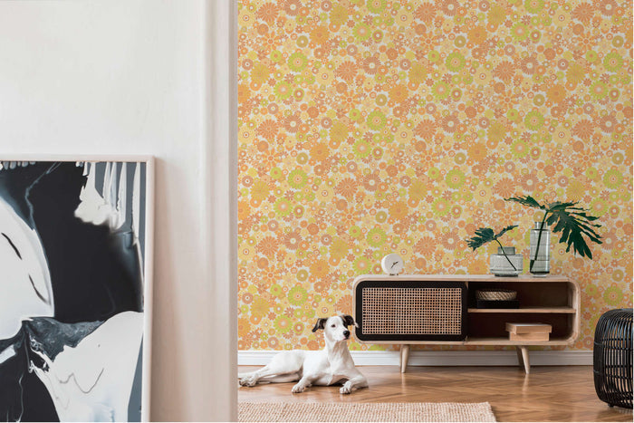 Retro Flowers Vinyl Wallpaper - Yellow