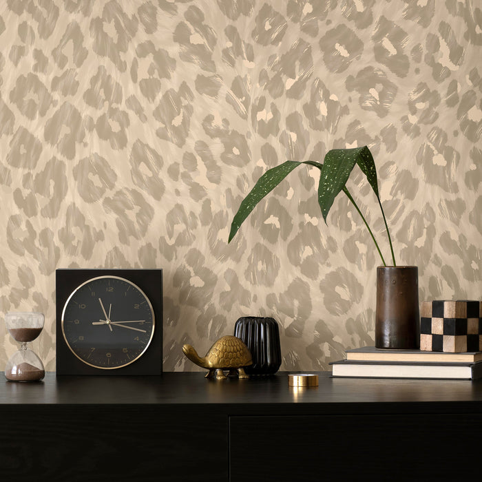 Rosette wallpaper in Champagne on a feature wall, leopard-print rosette detail
