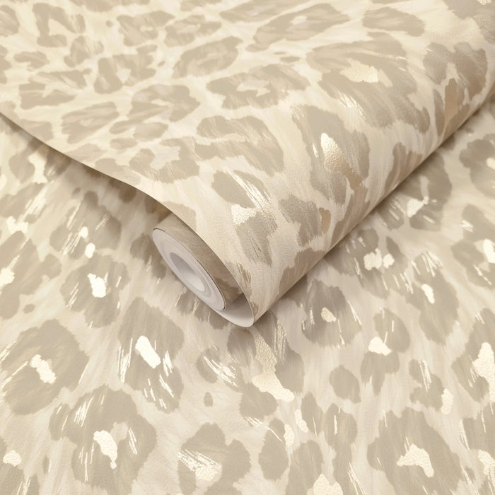 Rosette Champagne wallpaper roll showing the leopard-print repeat