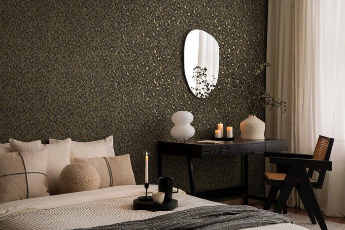 Rosette wallpaper in Charcoal on a feature wall, leopard-print rosette detail
