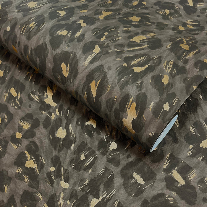 Rosette Charcoal wallpaper roll showing the leopard-print repeat