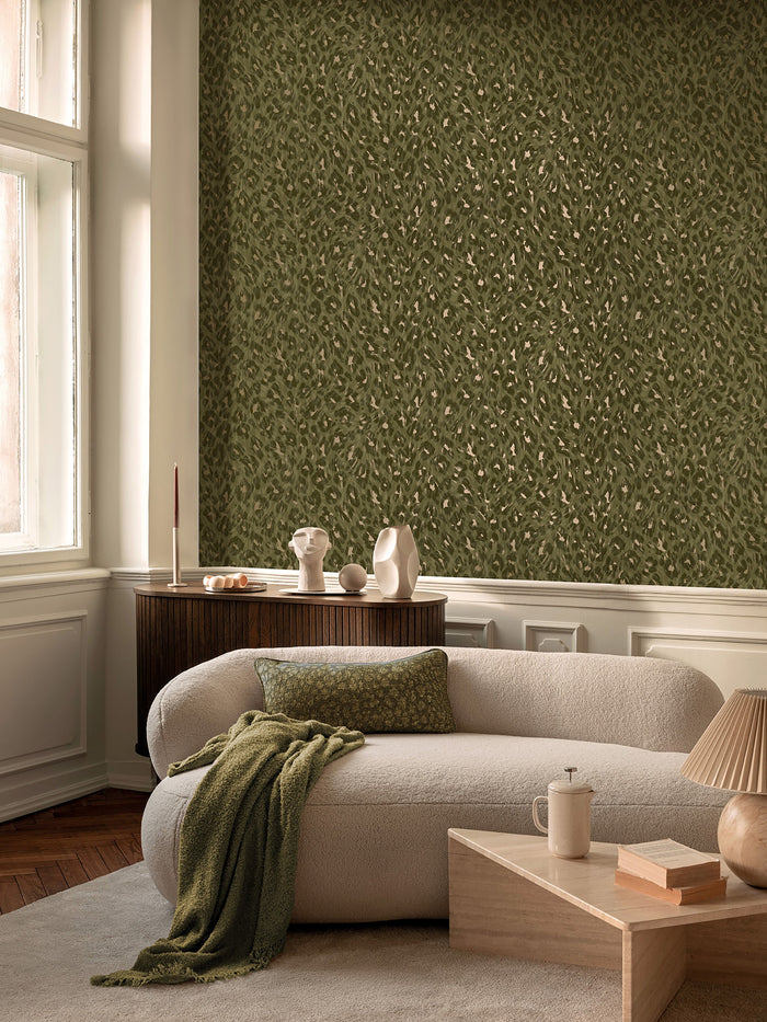 Rosette wallpaper in Khaki on a feature wall, leopard-print rosette detail