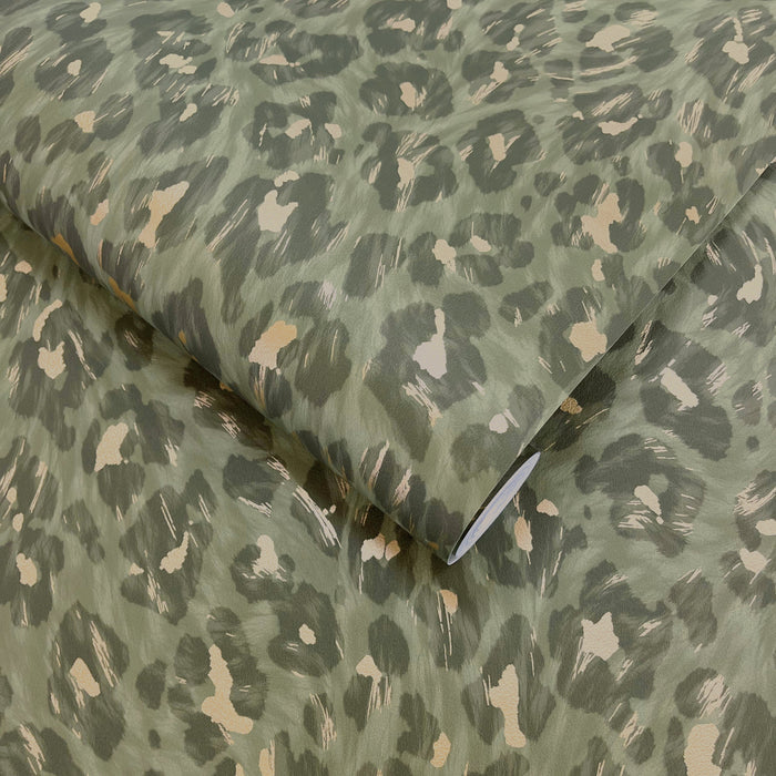 Rosette Khaki wallpaper roll showing the leopard-print repeat