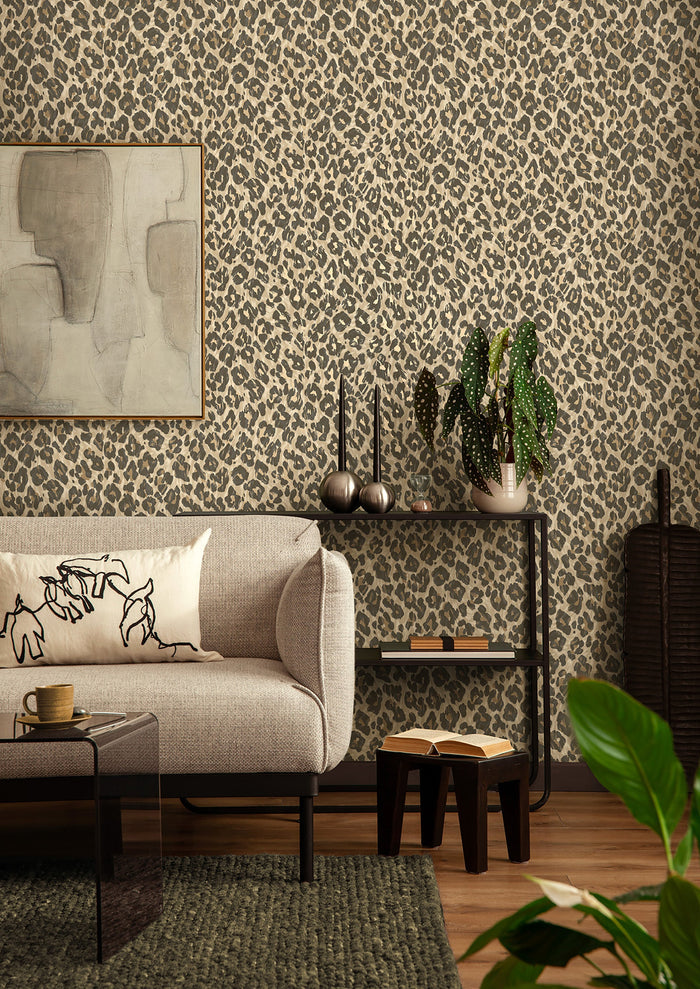 Rosette wallpaper in Natural on a feature wall, leopard-print rosette detail