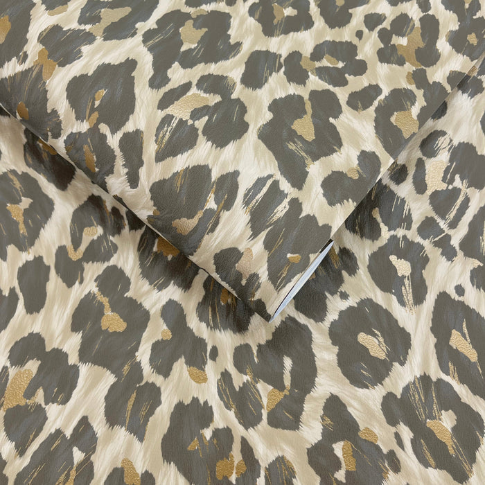 Rosette Natural wallpaper roll showing the leopard-print repeat