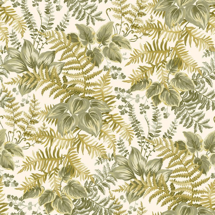 Cream and ochre hand-painted leaf wallpaper — flat pattern detail, Rowan by The Inside
