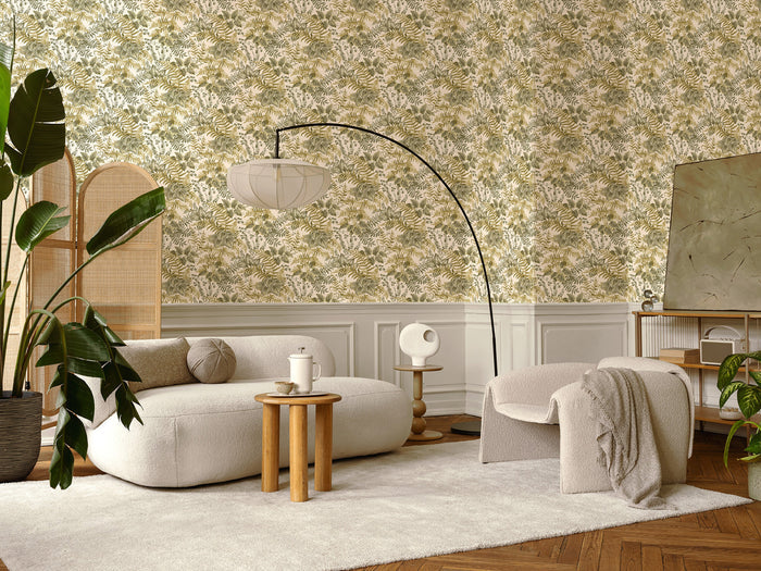 Rowan wallpaper in Cream/Ochre on a feature wall, dense hand-painted foliage