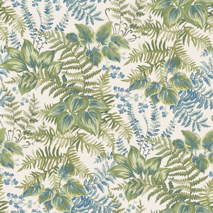 Cream and sky blue hand-painted leaf wallpaper — flat pattern detail, Rowan by The Inside