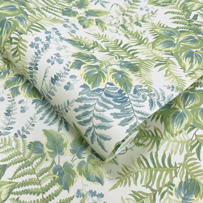 Rowan Cream/Sky Blue wallpaper roll showing the hand-painted leaf repeat