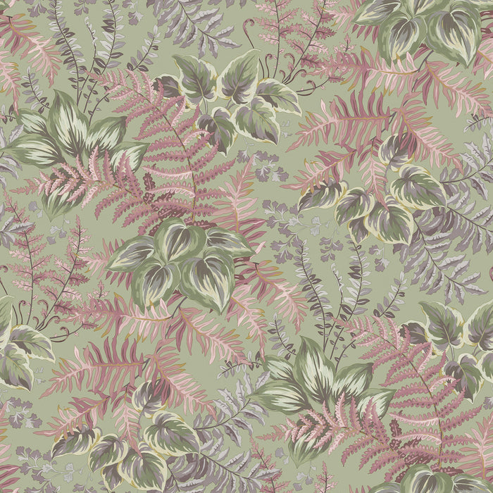 Sage and blush hand-painted leaf wallpaper — flat pattern detail, Rowan by The Inside