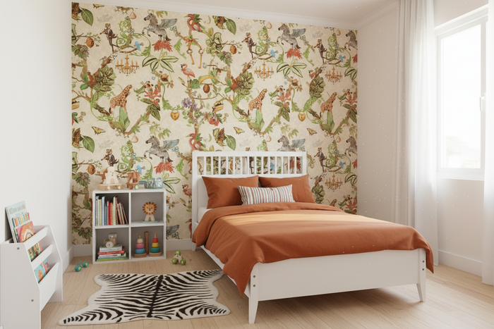 Kids Bedroom - Safari Symphony Wallpaper Beige with Zebra Rug and Rusty Orange Bedding