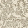 Samar Forest wallpaper in Neutral, showing leopards, monkeys and a stone ruin in brown line on a cream background