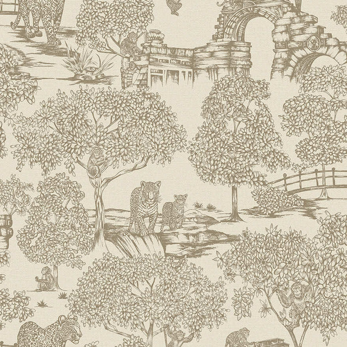 Samar Forest wallpaper in Neutral, showing leopards, monkeys and a stone ruin in brown line on a cream background