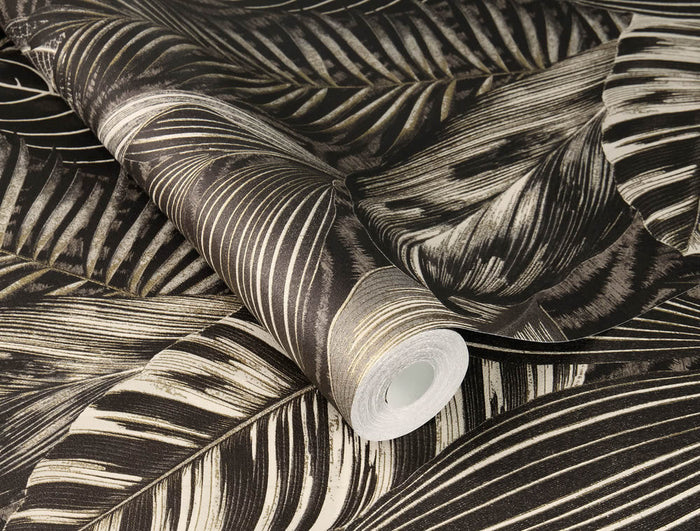 Sample - Exotic Leaves Wallpaper - Black and Gold