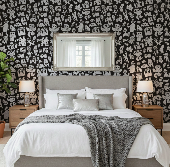 Sample - Love Machine 'Foil Print' by Bas Kosters Wallpaper - Silver on Black
