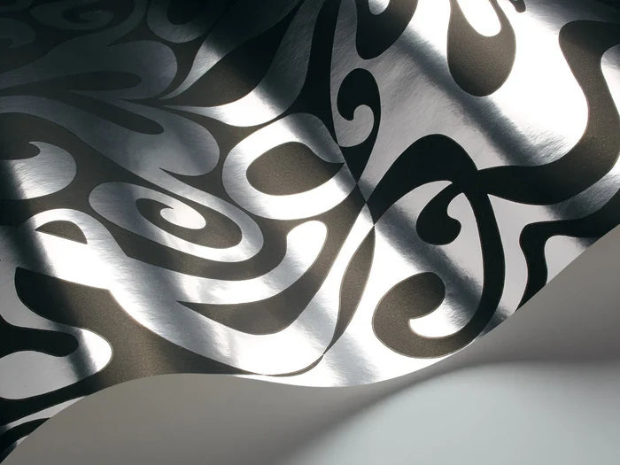 Sample - Woodstock Wallpaper - Silver Foil/Black