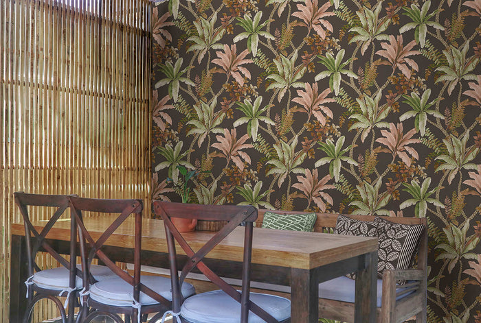 Saranda wallpaper in Charcoal hung on a feature wall
