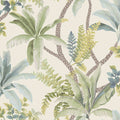 Saranda wallpaper in Green/Cream, showing trailing palm and fern fronds on a braided vine over a cream background