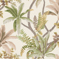 Saranda wallpaper in Sage/Coral, showing trailing palm and fern fronds with coral-orange accents over a cream background