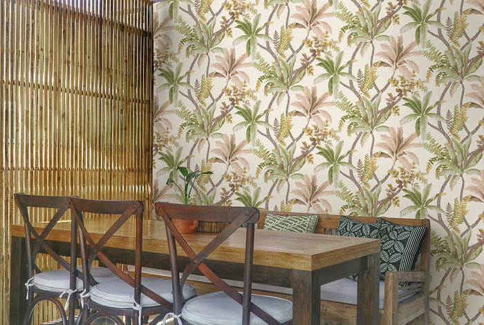 Saranda wallpaper in Sage/Coral hung on a feature wall